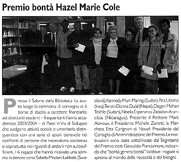 Gen-Feb 2004 Adriatic College News, Duino Premio bontà Hazel Marie Cole