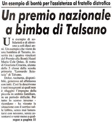 29 ottobre 2004 Corriere del Giorno, di Puglia e Lucania Un premio nazionale a bimba di Talsano