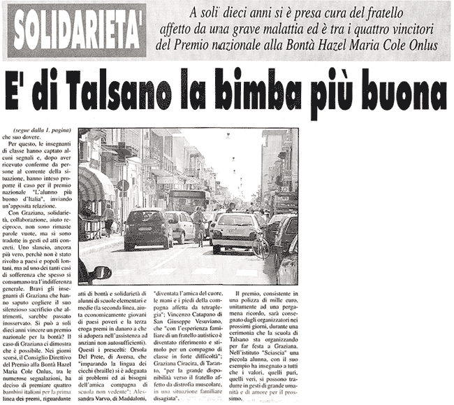 29 ottobre 2004 Corriere di Taranto E' di Talsano la bimba più buona