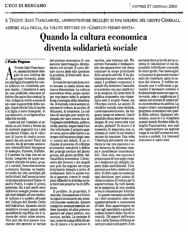 27 gen. 2000 L’Eco di Bergamo Quando la cultura economica diventa solidarietà sociale