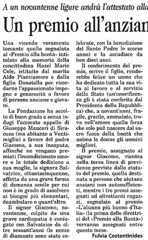 20 settembre 2003 Il Piccolo, Trieste Un premio all'anziano più buono d'Italia