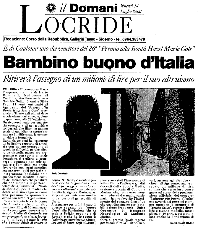 14 lug. 2000 Il Domani Locride Bambino Buono d’Italia