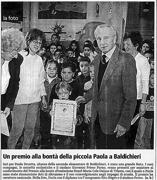 19 novembre 2003 La Stampa, Asti e provincia. Un premio alla bontà della piccola Paola a Baldichieri