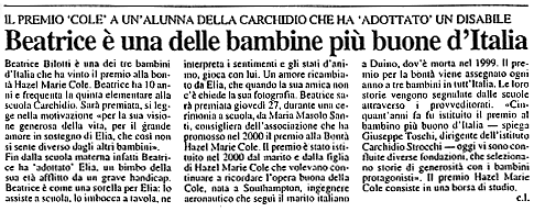 20 novembre 2003 Il Resto del Carlino, Bologna Beatrice è una delle bambine più buone d'Italia